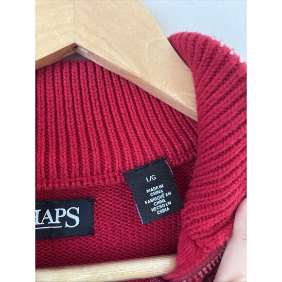 Chaps Men’s Red Quarter Zip Sweater Moose Fair Isle Design Size Large Holiday - Picture 4 of 7